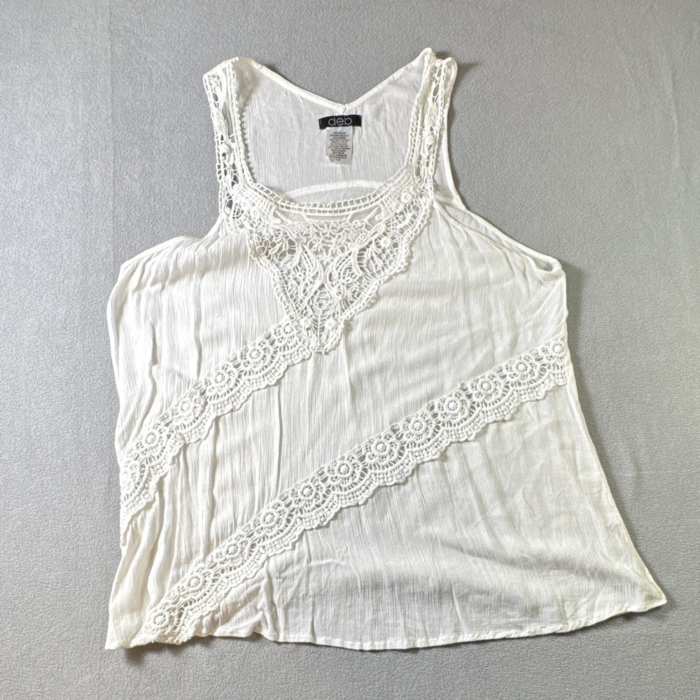 Deb Crochet Lace Inset Tank Top Womens 1X White Gauze Boho Y2K